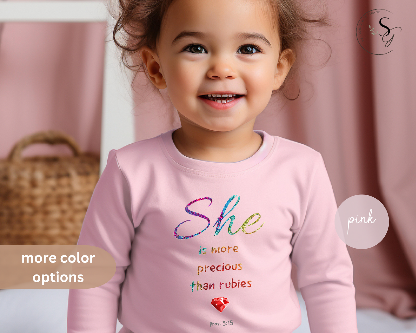 She is more precious than rubies, sparkle, Youth/toddler long Sleeve Tee